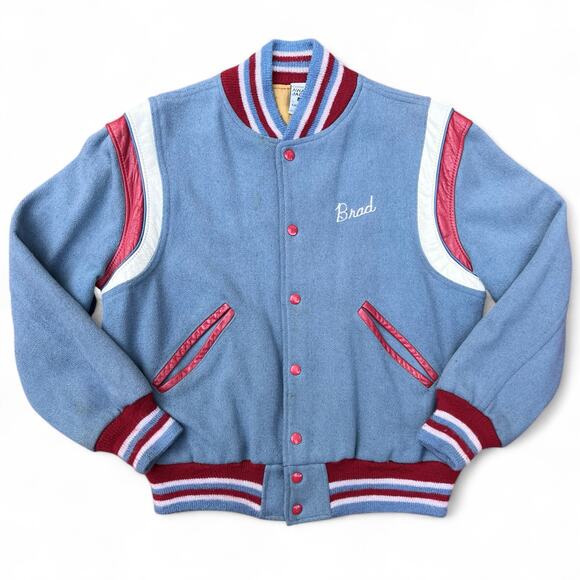 True Vintage Rams Brad Varsity Jacket School Letterman Blue Shoulder Stripe Wool - Picture 1 of 16